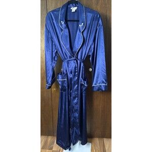 Vtg 60s Floor Length Satin Robe Womens L Navy Blue Belted Pockets Sears &Roebuck